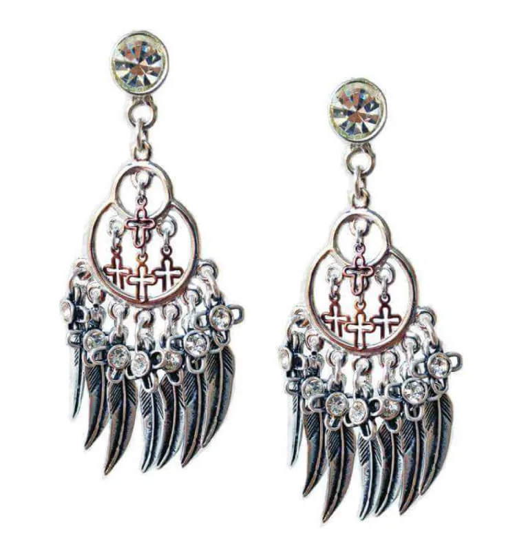 Chandelier earrings with feathers, crosses, Swarovski crystals and charms. Boho chic earrings, Boho chic jewelry. sold by Maiden-Art