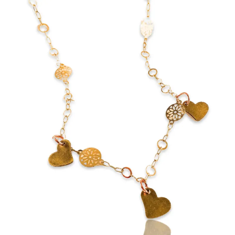 Triple Bronze Heart Charms Necklace with 18kt Gold Plated Flower Chain. sold by Maiden-Art