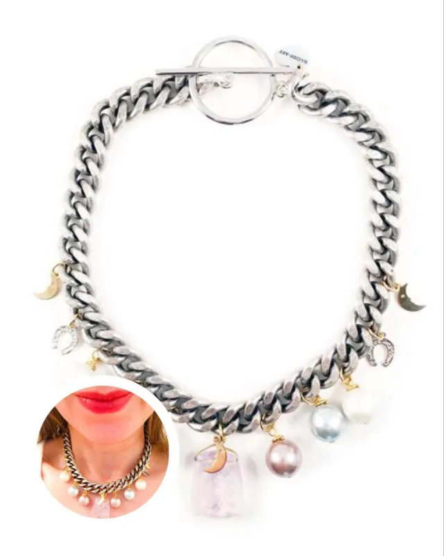 Rose quartz statement choker with pearls and charms. Perfect for parties, summer time and gift for her. sold by Maiden-Art