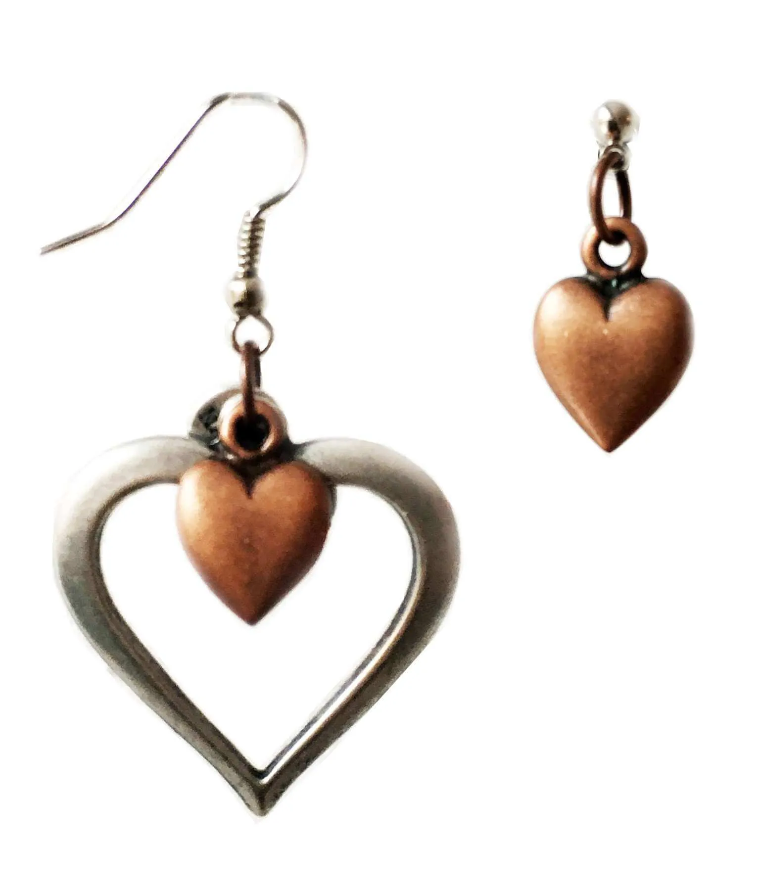 Heart cluster earrings in brass and silver. Perfect for valentines day, valentines day gift, gift for her. sold by Maiden-Art