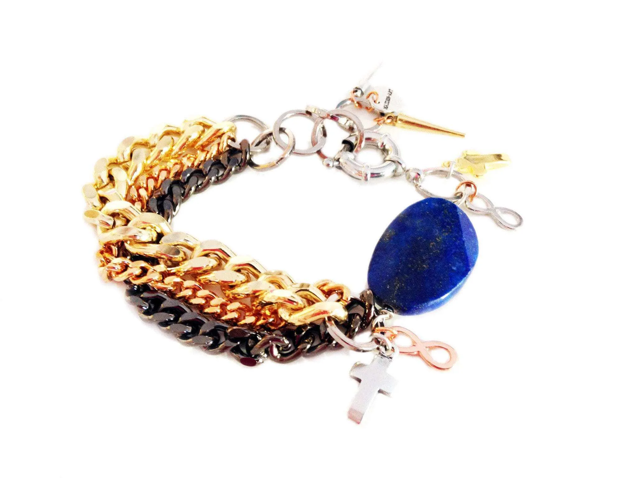 Handmade lapis lazuli cuff bracelet and gold chains, rhinestones, gold charms, pointed studs. Trendy jewelry, trendy bracelet. sold by Maiden-Art