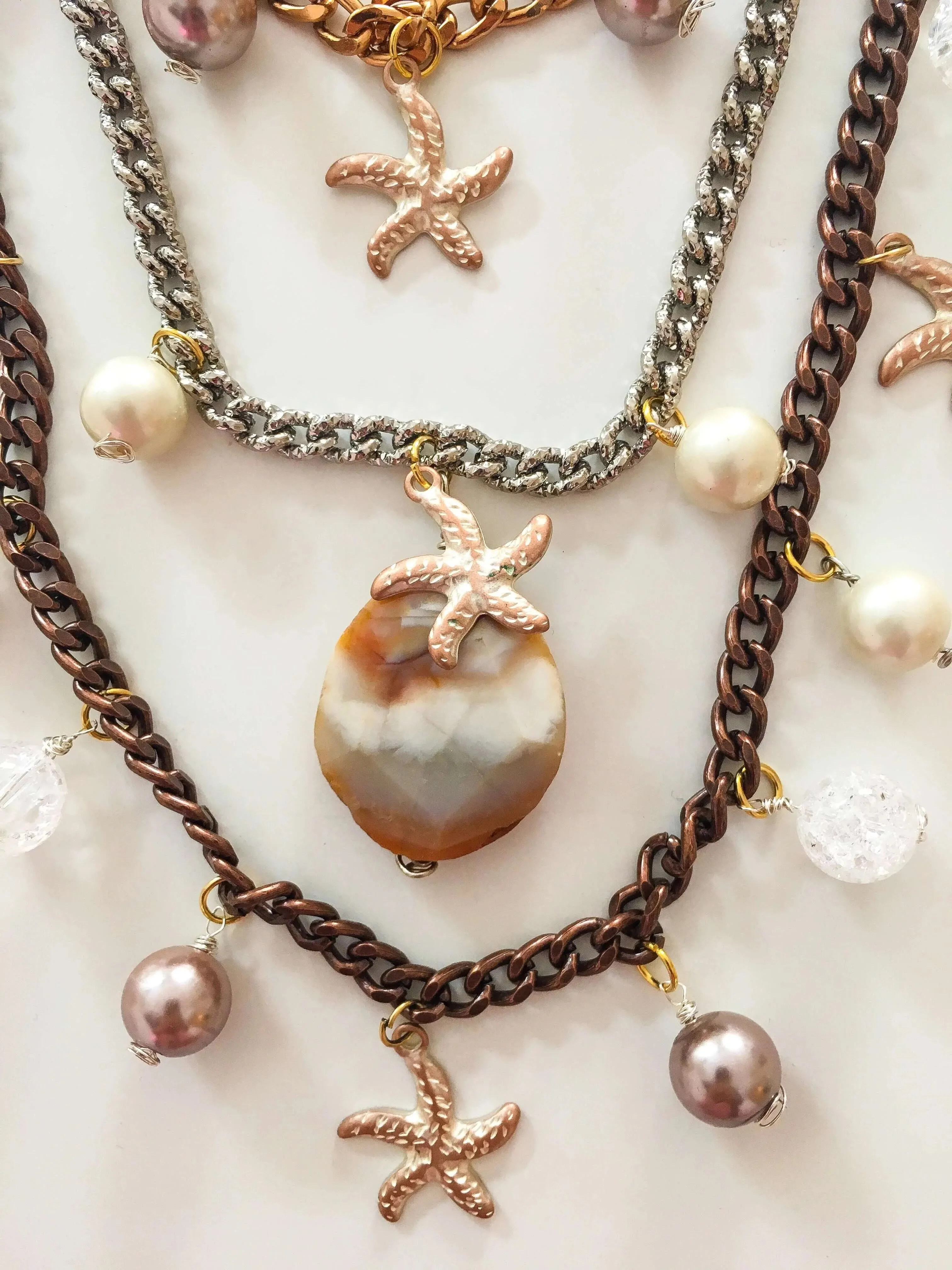 Statement Necklace with Shell, Starfish Charms, Agate Stone, White Agate and Pearls sold by Maiden-Art product image thumbnail 4