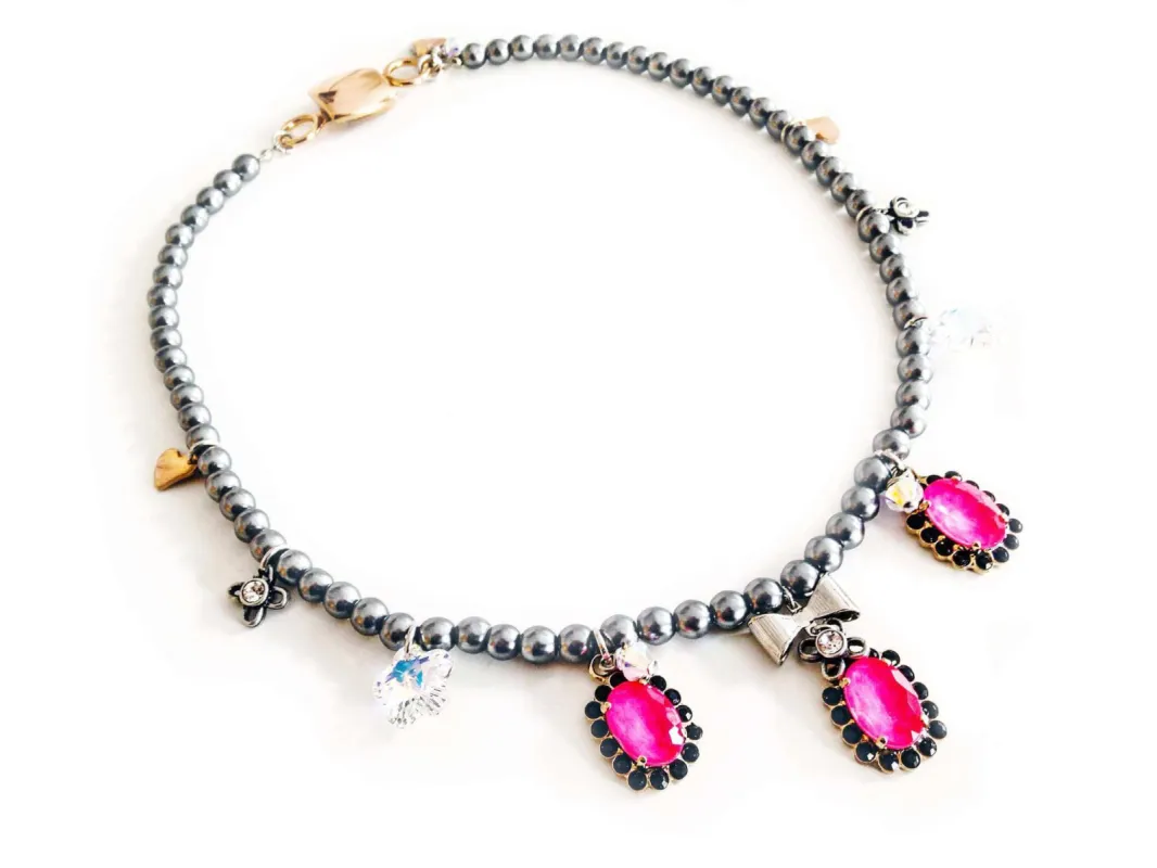 Hot pink beaded necklace with pearls and crystals sold by Maiden-Art