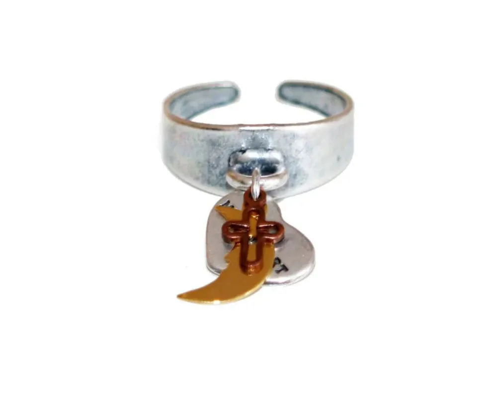 Statement ring in silver with gold moon charm and cross sold by Maiden-Art
