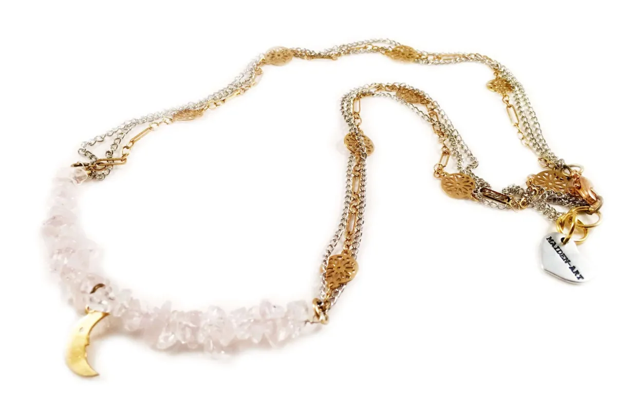 Rose Quartz and 18kt Gold Plated Choker Necklace with Moon Charm. sold by Maiden-Art