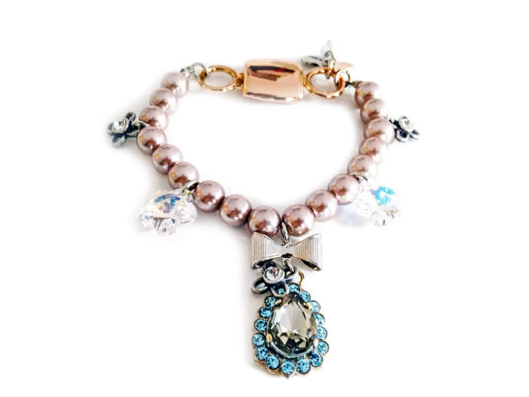 Vintage rose beaded bracelet with light blue rhinestones and pearls sold by Maiden-Art
