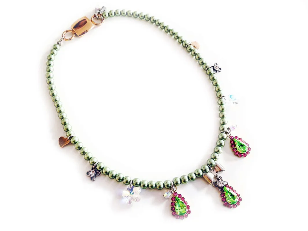 Beaded necklace with pink & green Swarovski crystals sold by Maiden-Art