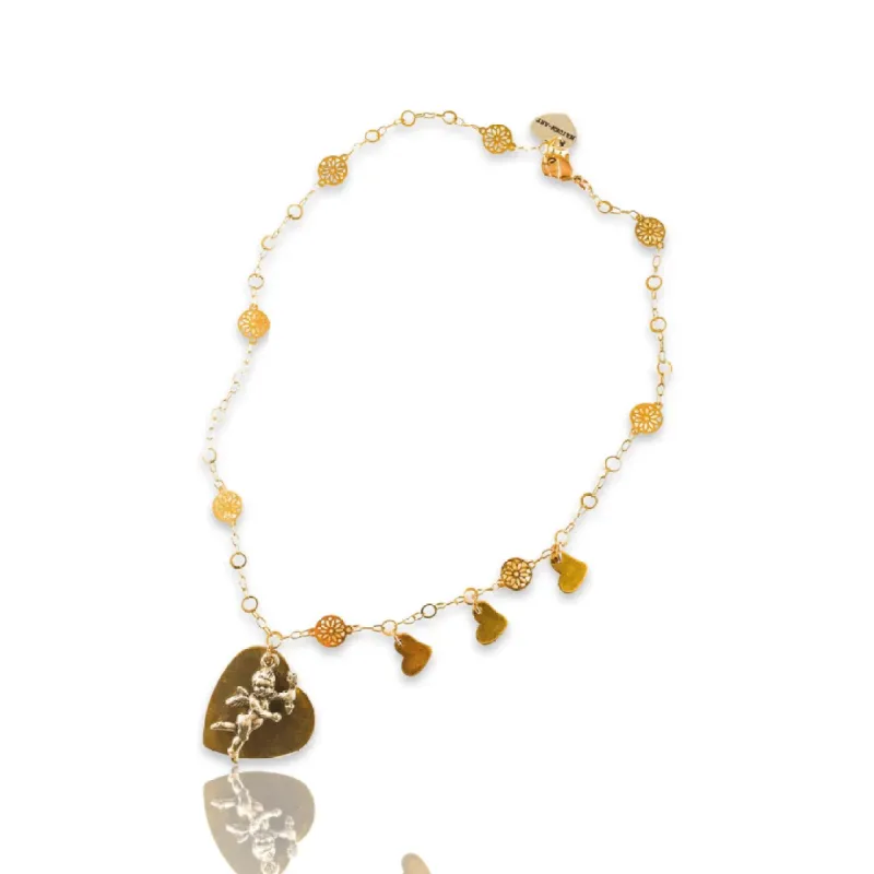 Silver Cherub And Bronze Heart Charm Necklace with 18kt Gold Plated Flower Chain and 3 small hearts charms. sold by Maiden-Art