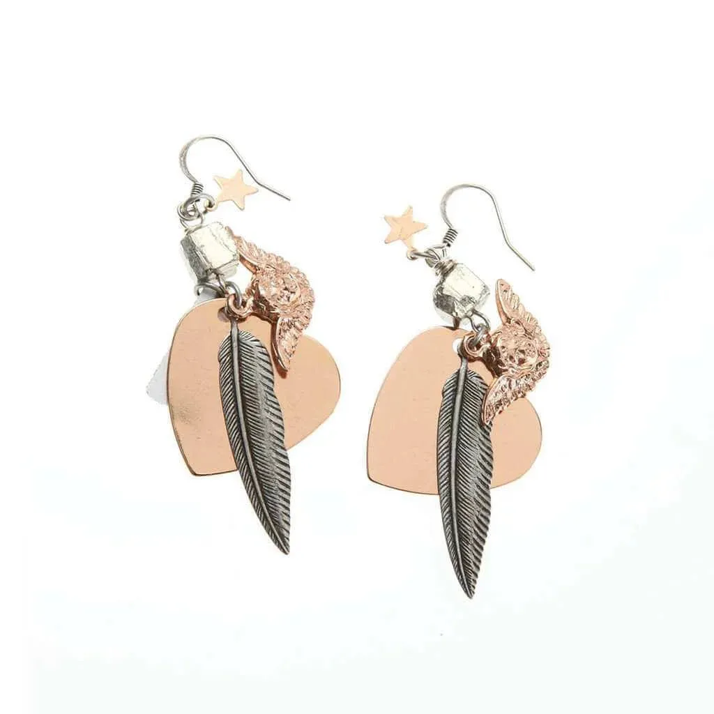 Rose Gold and Silver Heart , Feather, Angel Charms Earrings sold by Maiden-Art