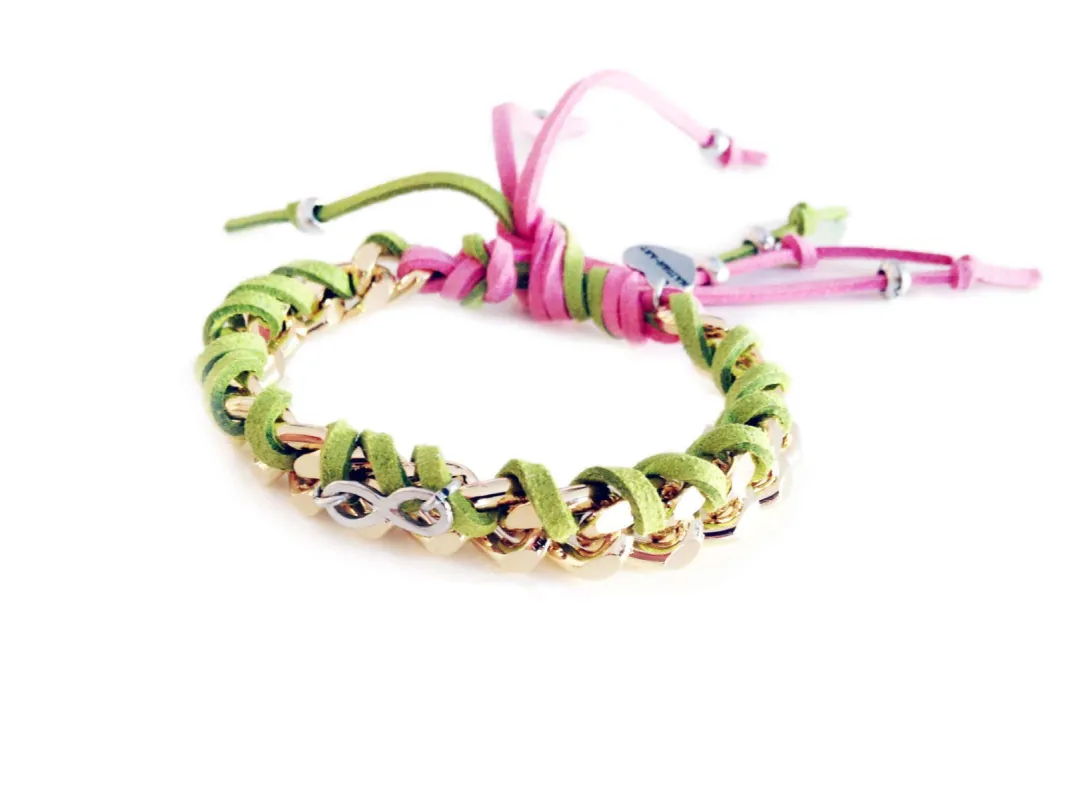 Friendship bracelet with gold chains, colorful suede ribbons and infinity charms. sold by Maiden-Art