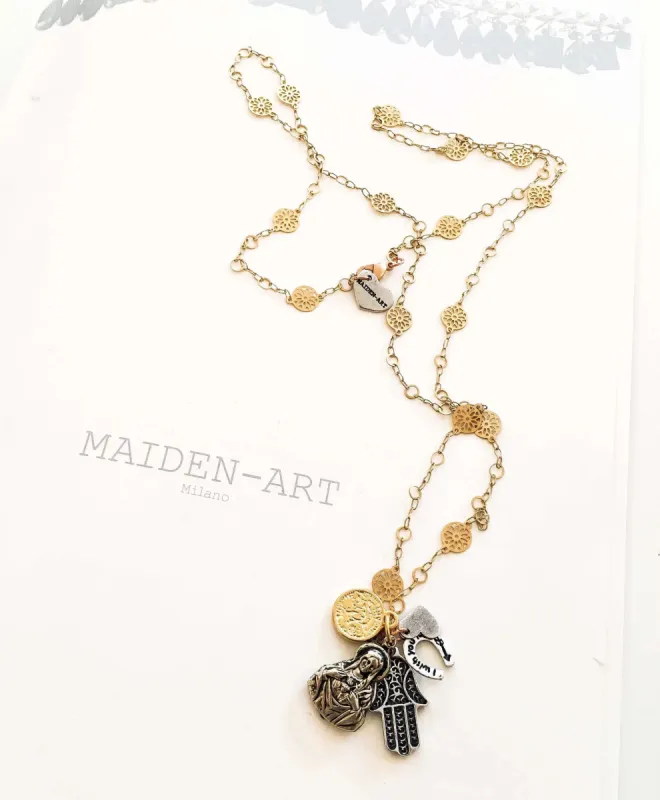 Silver Virgin Mary Pendant Necklace with gold charms. made by Maiden-Art