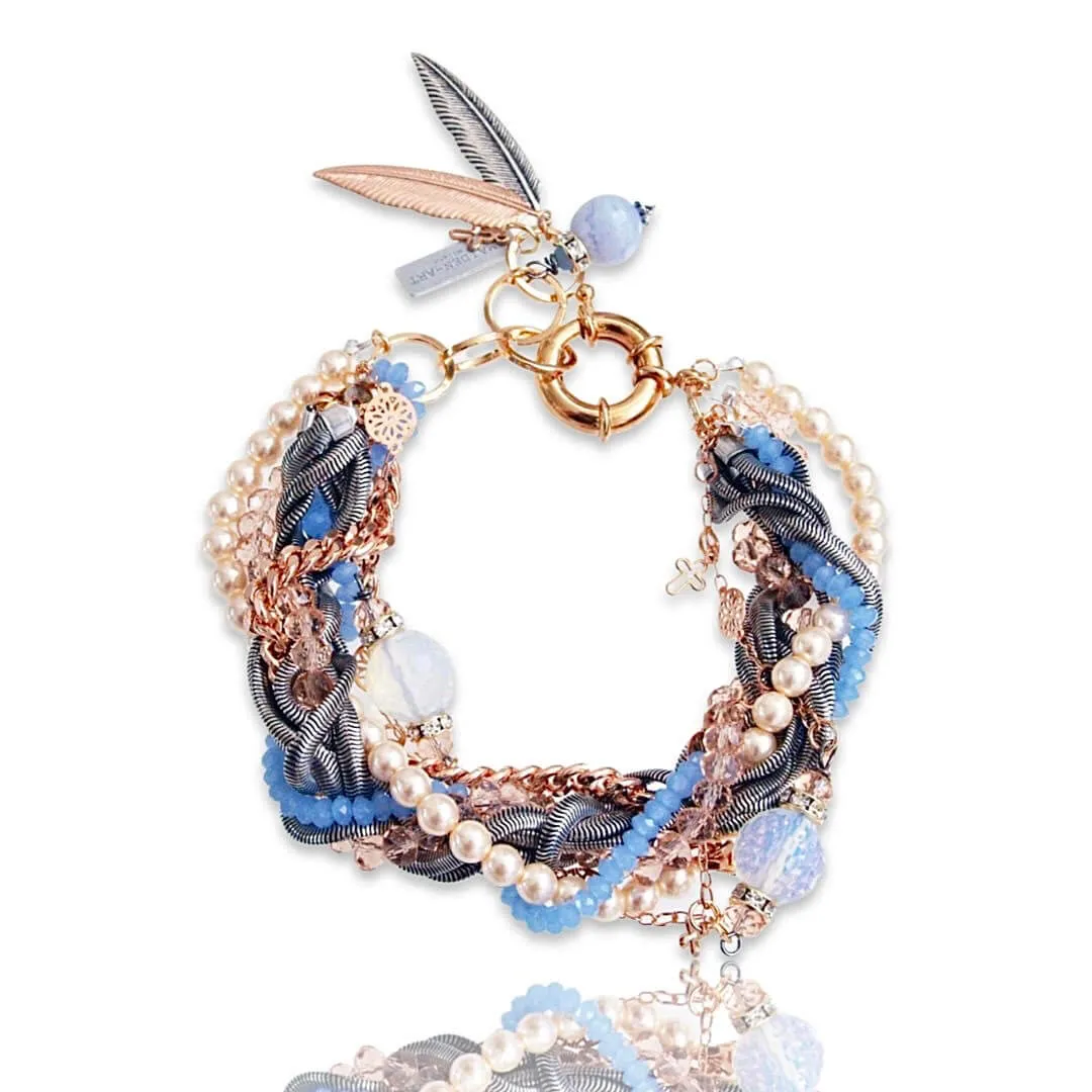 Pearls, lilac crystals and calcedony cuff bracelet sold by Maiden-Art