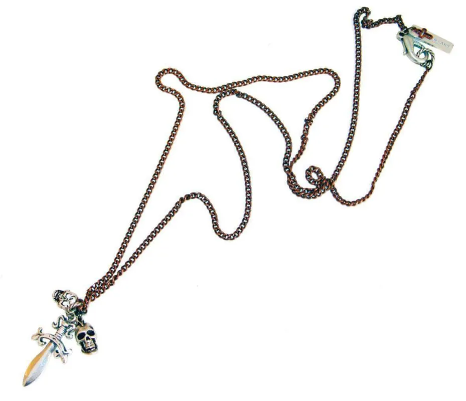 Mens sword and skulls necklace sold by Maiden-Art