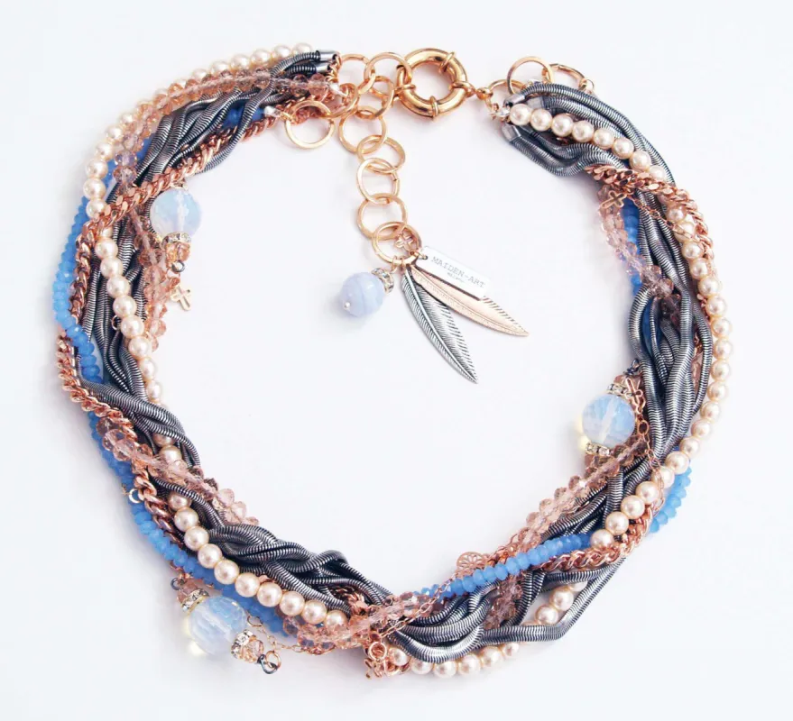 Pearls, lilac crystals and calcedony multi strand necklace sold by Maiden-Art