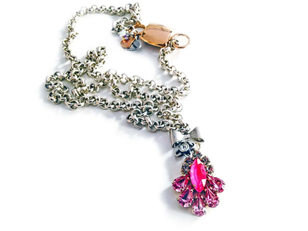 Hot pink crystal necklace with silver plated brass sold by Maiden-Art