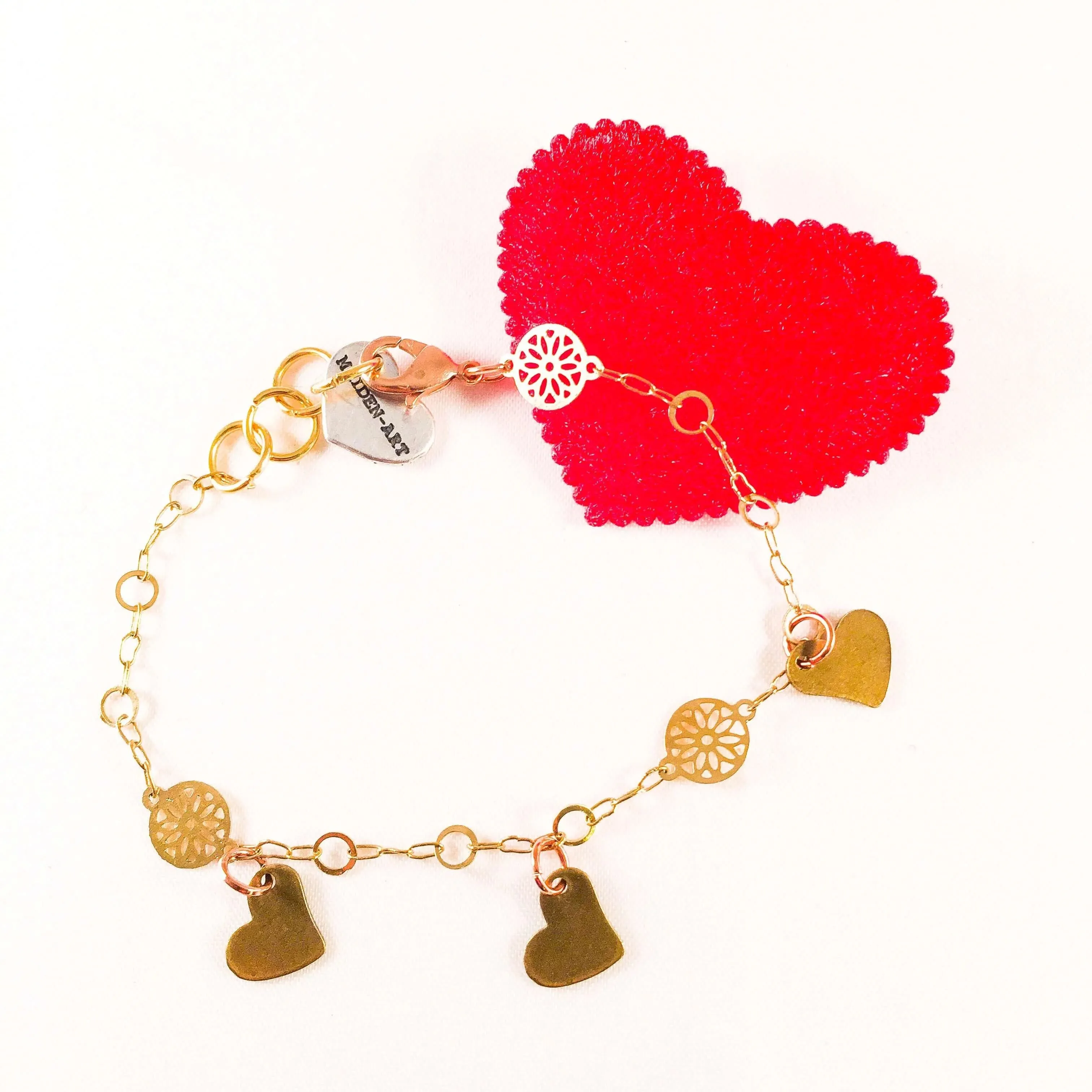 Triple Bronze Heart Charms Bracelet with 18kt Gold Plated Flower Chain. sold by Maiden-Art product image thumbnail 2