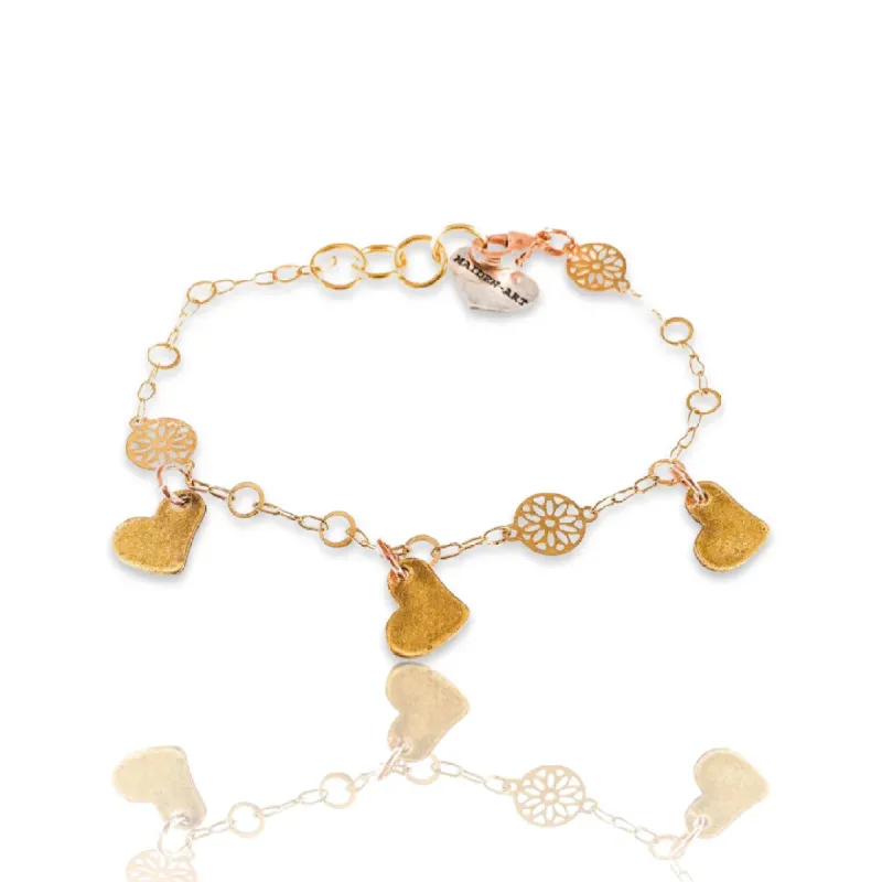 Triple Bronze Heart Charms Bracelet with 18kt Gold Plated Flower Chain. sold by Maiden-Art