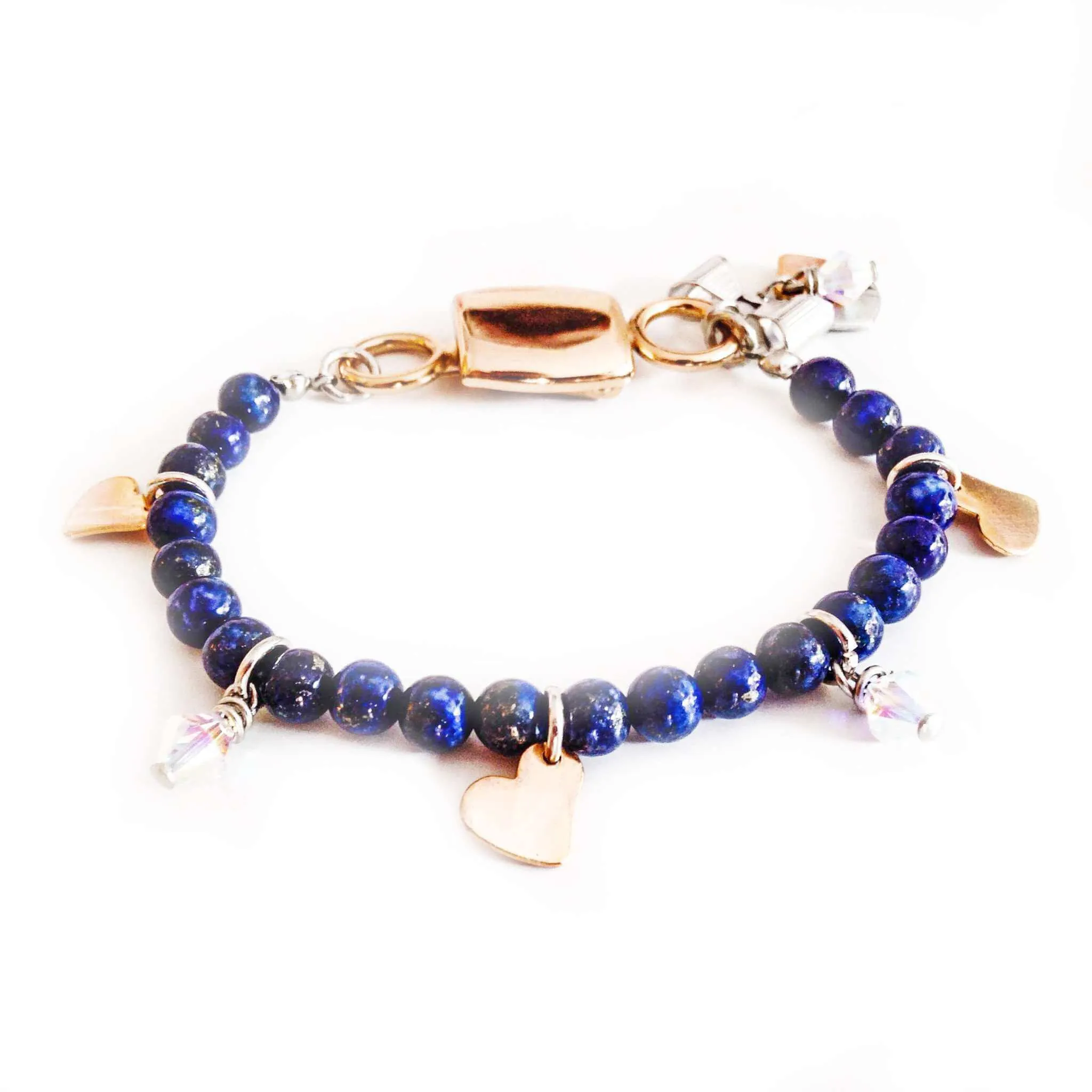 Lapis lazuli gem stone bracelet with rose gold charms sold by Maiden-Art