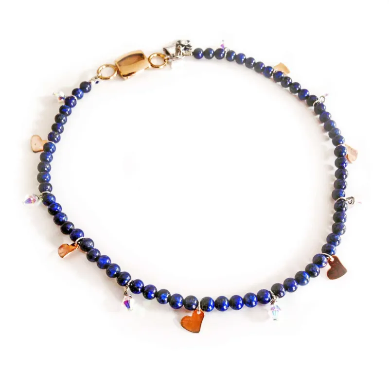 Lapis lazuli gem stone necklace with rose gold charms sold by Maiden-Art