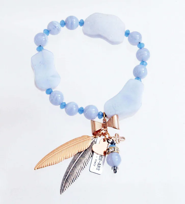 Calcedony stones beaded bracelet made of silver, rose gold plated chains and charms. sold by Maiden-Art