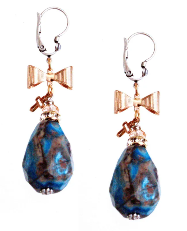 Blue Agate Stones Earrings with Rose Gold Plated Bows and Cross Charms. sold by Maiden-Art