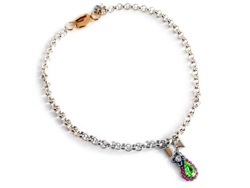 Pink and Green Crystal Necklace, silver plated brass sold by Maiden-Art