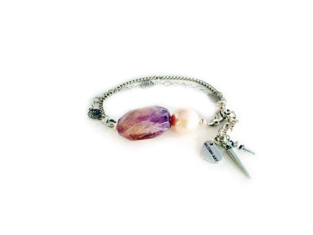 Charm bracelet with amethyst and light rose pearl. sold by Maiden-Art