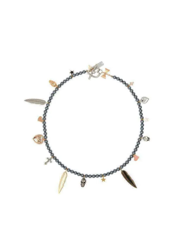 Black pearls beaded necklace with silver and rose gold plated charms. Italian necklace, jewelry design made in Italy. sold by Maiden-Art