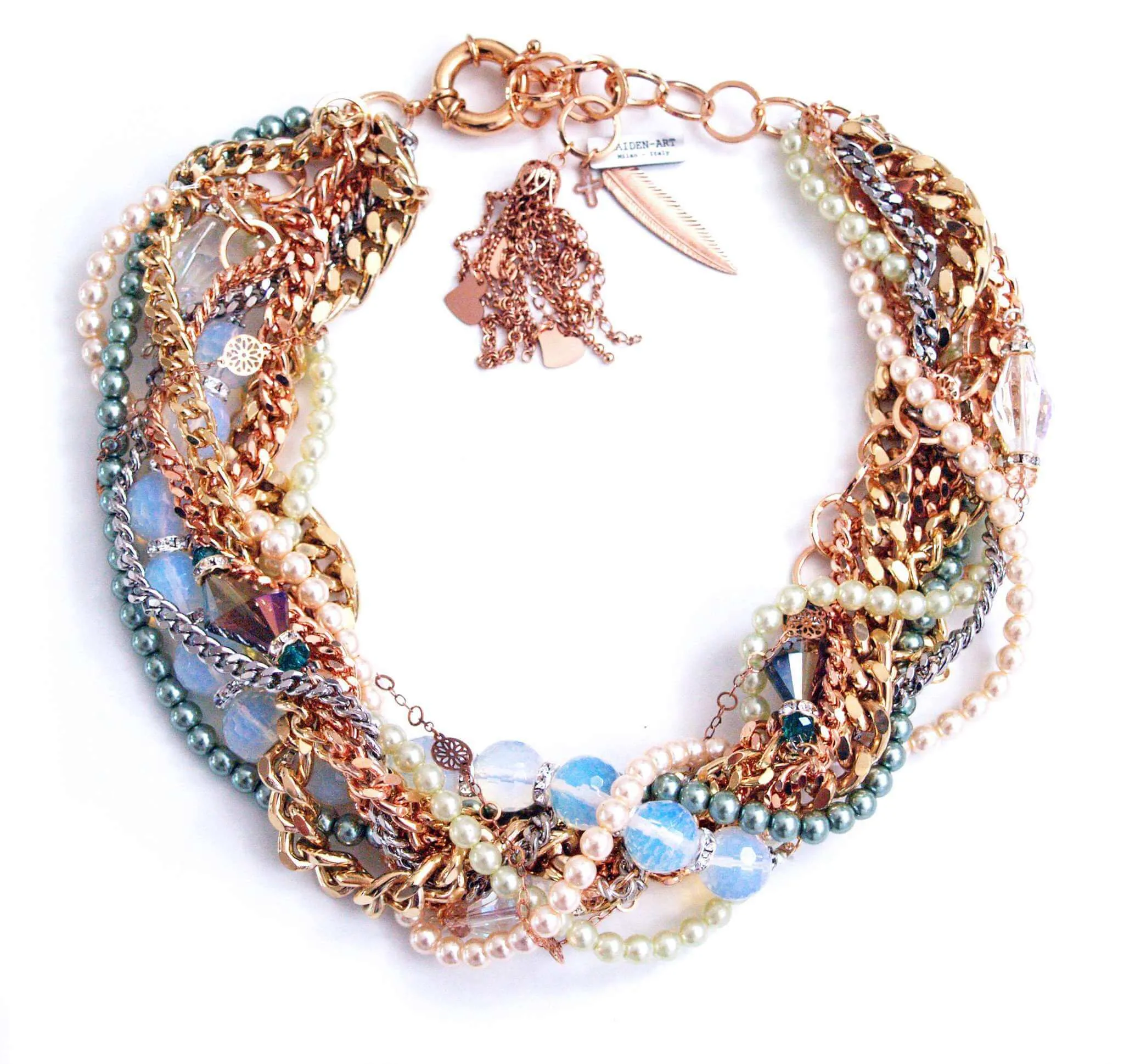 Gold Statement Necklace with Opal Stones, Pearls and Crystals sold by Maiden-Art