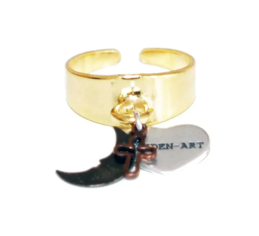 Statement ring in gold with black moon charm and cross sold by Maiden-Art