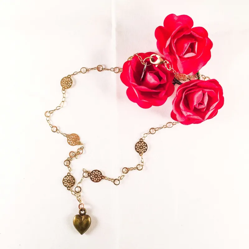 Bronze Heart Charm Necklace with 18kt Gold Plated Flower Chain. sold by Maiden-Art