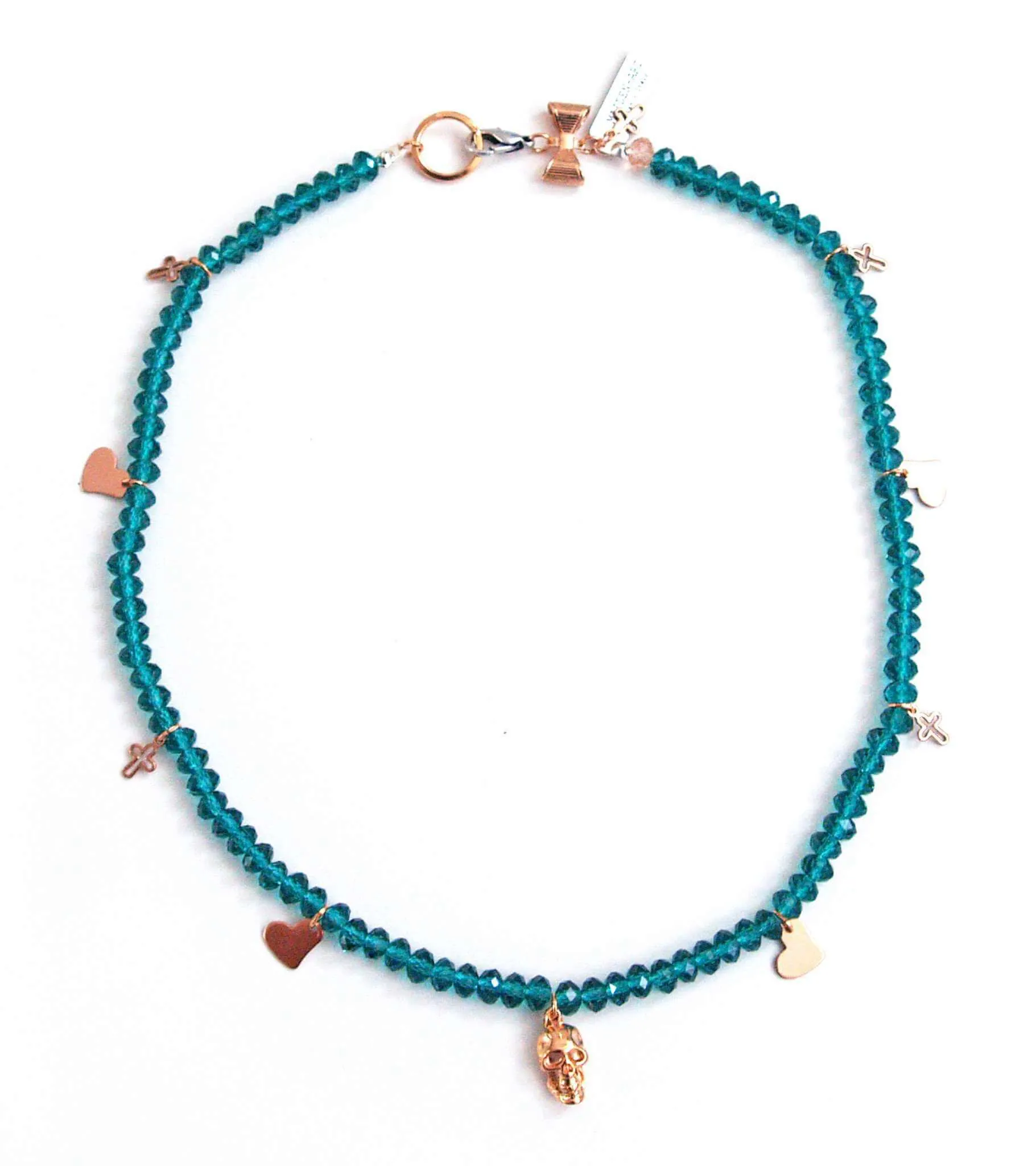 Emerald Green Crystals and Rose gold Skull, Heart Charms Necklace sold by Maiden-Art