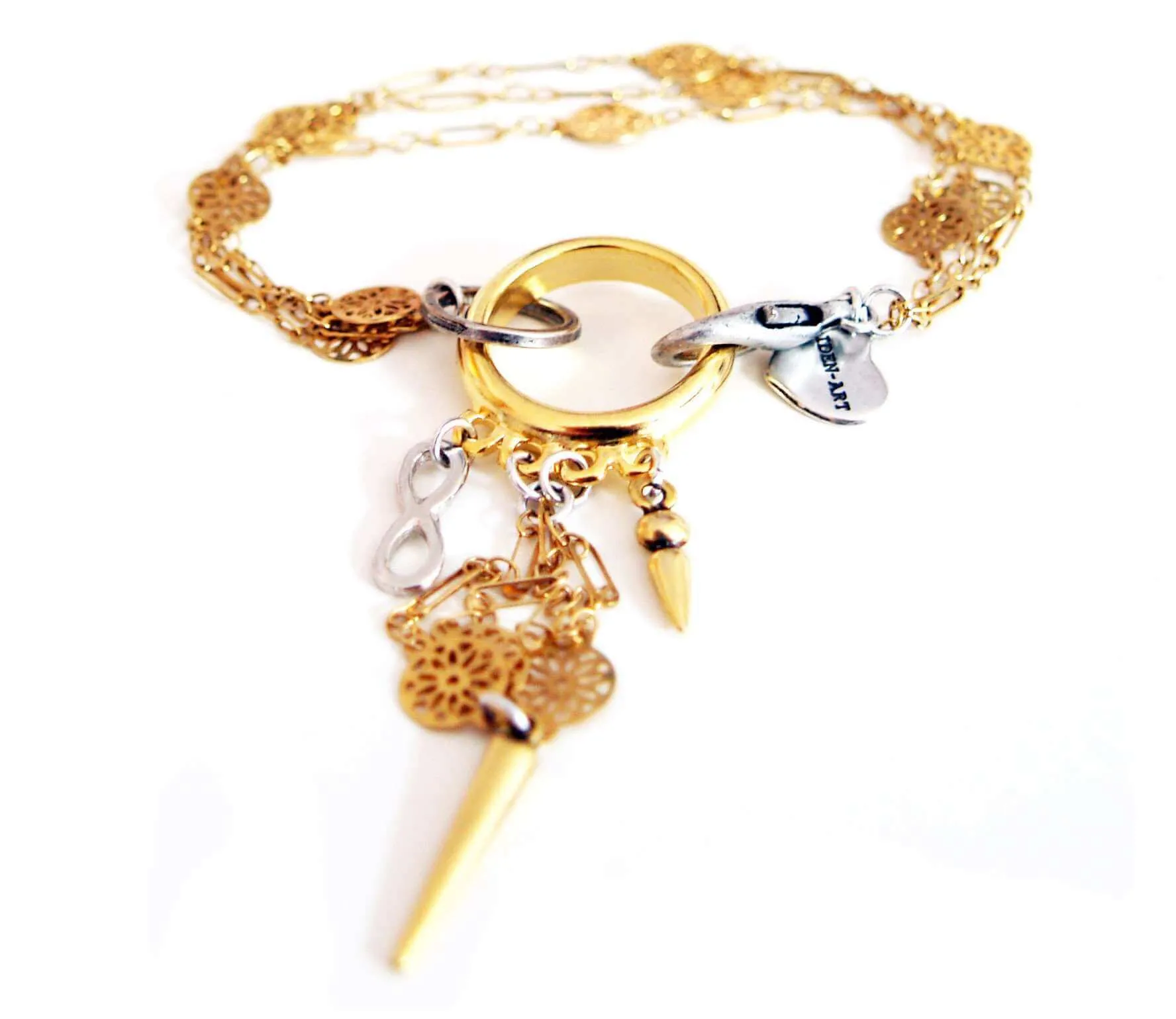 Multi chain gold flower bracelet with studs. sold by Maiden-Art