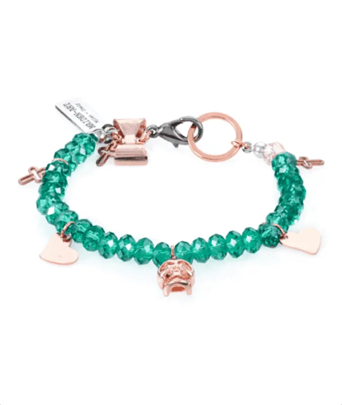 Emerald Green Crystals and Rose Gold Skull, Heart Charms Bracelet sold by Maiden-Art