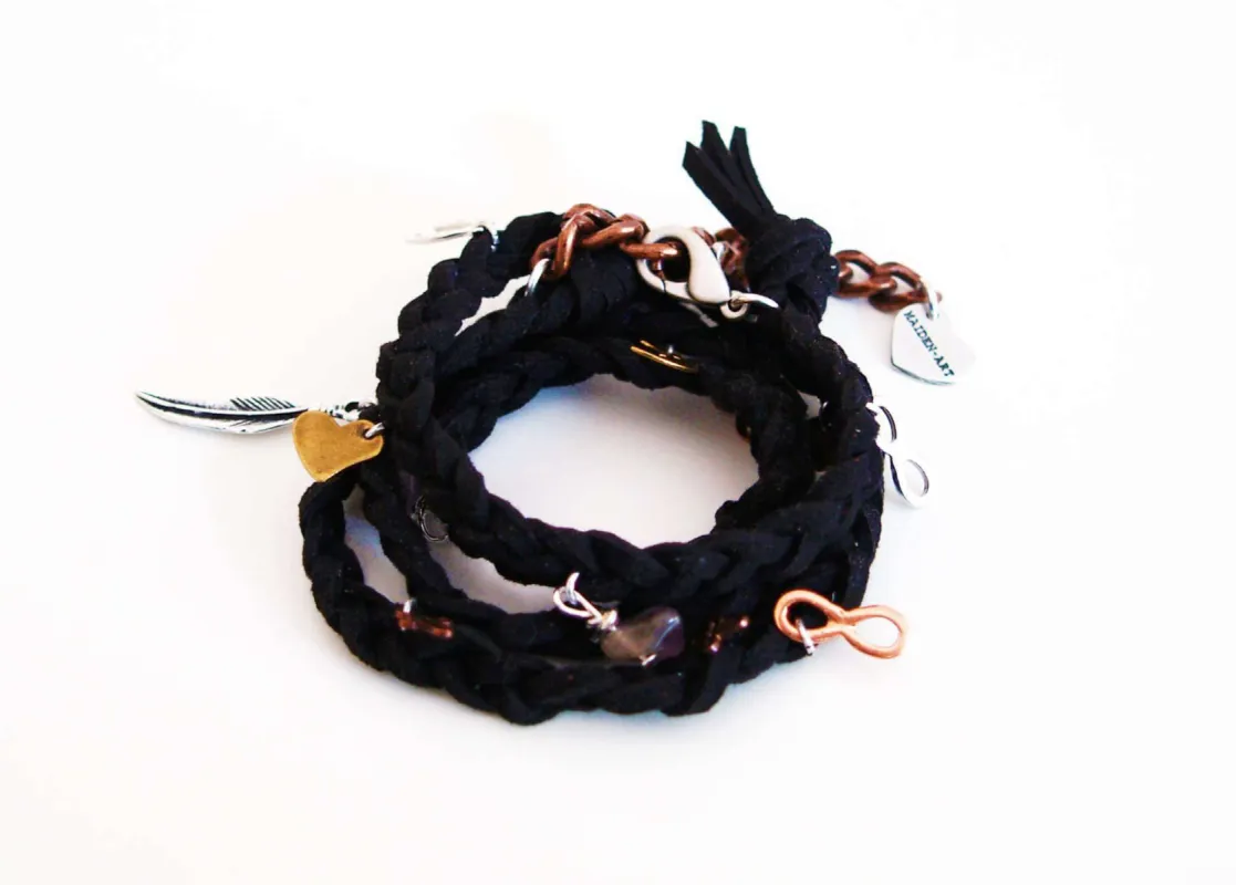Black wraparound bracelet in deerskin leather with 18kt Gold Plated charms. Braided Wrap Bracelet. sold by Maiden-Art