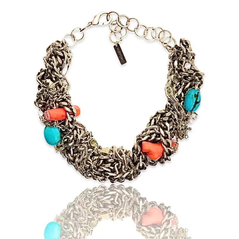 Coral and turquoise stones choker necklace sold by Maiden-Art