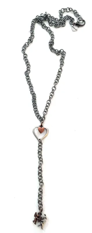 Heart and cupid necklace in silver and copper. Perfect for valentines day, valentines day gift, gift for her. In 2 colors. sold by Maiden-Art