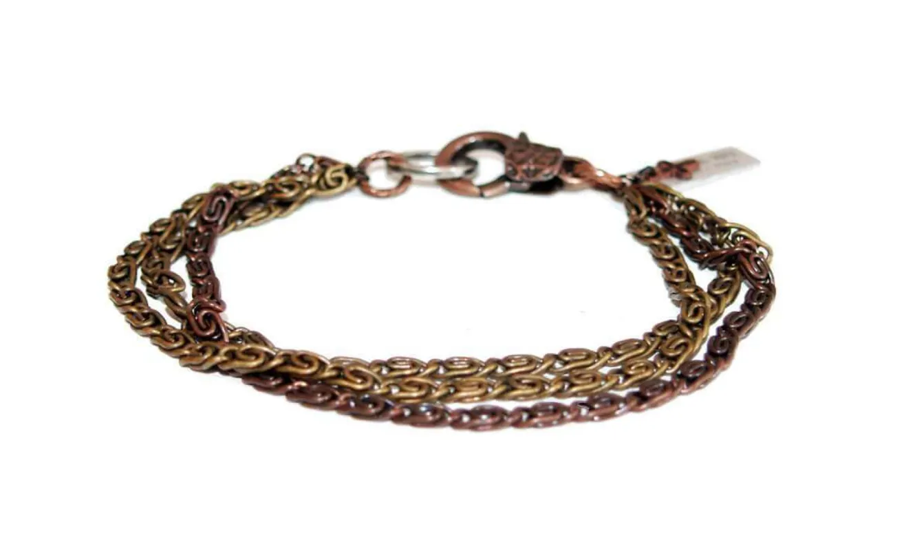 Mens multi chain copper and brass bracelet sold by Maiden-Art