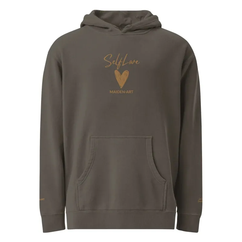 Self Love Unisex pigment-dyed hoodie with Old Gold Embroidery | fashion hoodie sold by Maiden-Art