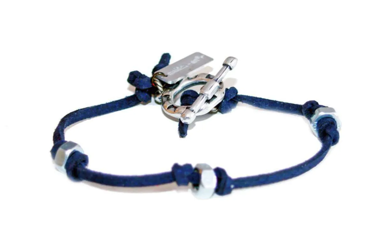 Mens bracelet in blu navy deerskin and bolt nuts sold by Maiden-Art