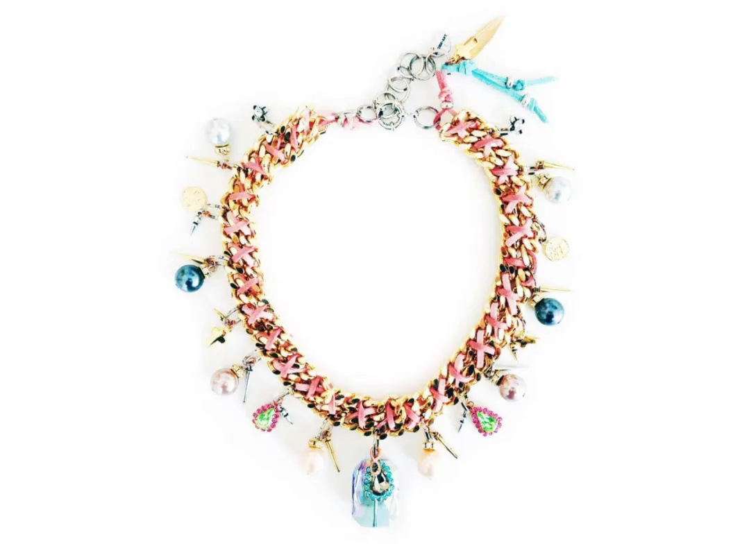 Gold chain necklace with alcantara ribbon, pearls, glass beads, brass and gold charms. For Summer trendy jewelry, Summer trendy necklace. sold by Maiden-Art