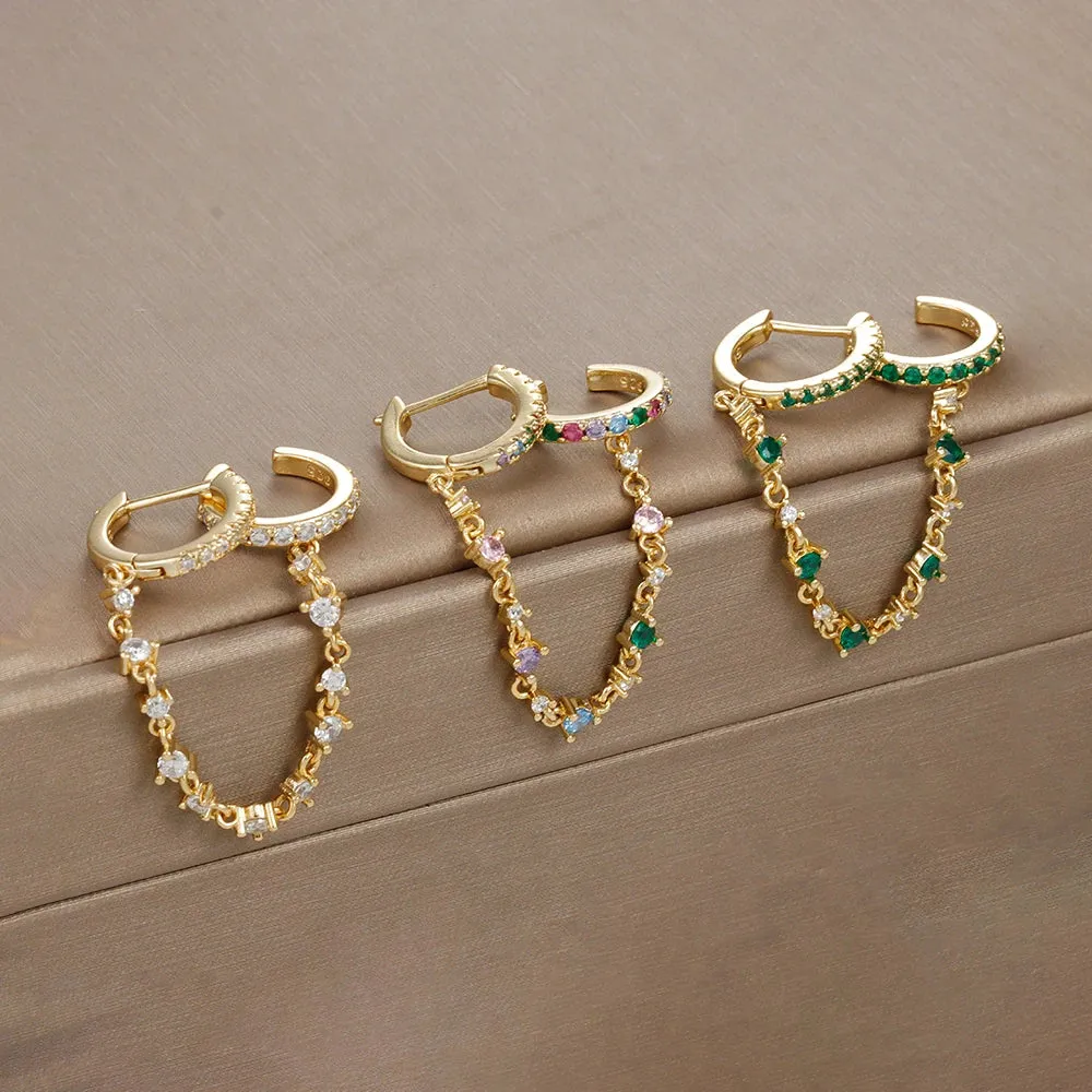 Europe and America CZ Crystal Chain Drop Earrings Stainless Steel Pendant Ear Buckle Fashion Jewelry For Women Birthday Gifts sold by Maiden-Art