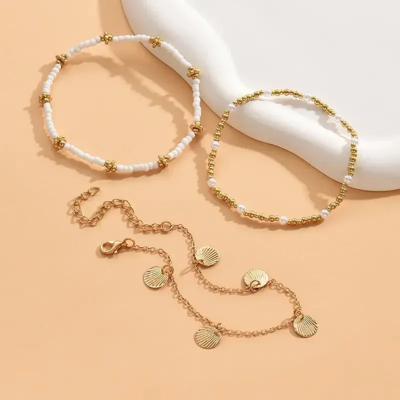 3pcs Retro Pearl Beads Anklet for Women Fashion Handmade Shell Butterfly On Foot Bracelet Bohemian Summer Beach Jewelry Gifts sold by Maiden-Art