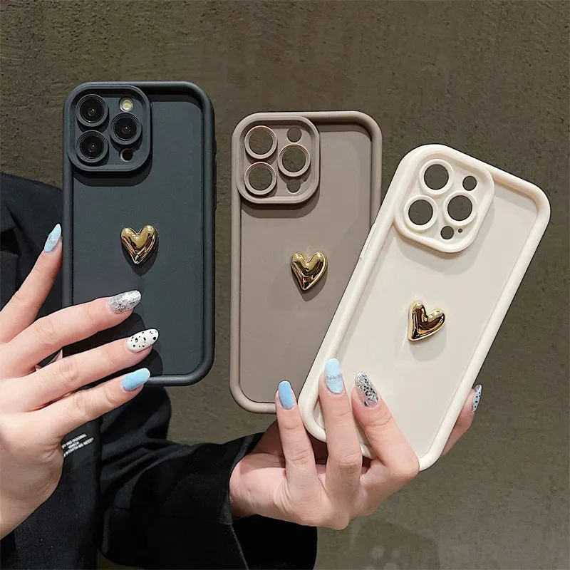 3D Gold Heart Silicone Soft Phone Case For iPhone 15 14 13 12 11 16 17 Pro Max XS XR 7 8 Plus SE Shockproof Candy Matte Cover sold by Maiden-Art