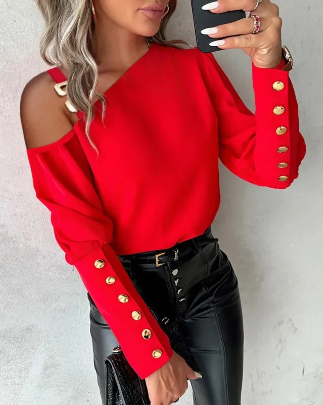 Fashion Lantern Sleeve Button Splicing Shirt Women Elegant Office Commuter O Neck Blouse Female Autumn Spring Daily Casual Tops sold by Maiden-Art