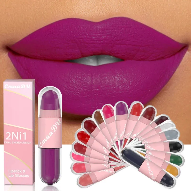 18 Colors 2 in 1 Matte Lipstick Liquid Purple Lip Glaze Double Head Lip Makeup Lasting Waterproof Velvet Sexy Dark Red Lipsticks sold by Maiden-Art