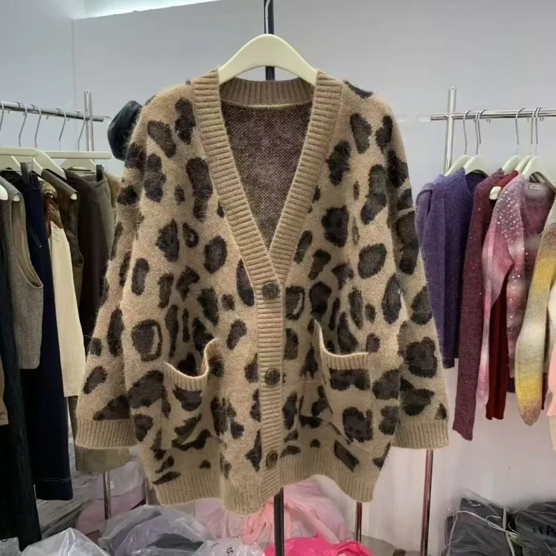Leopard Print Thick Warm Coat Loose Lazy Knitted Cardigan Sweater sold by Maiden-Art