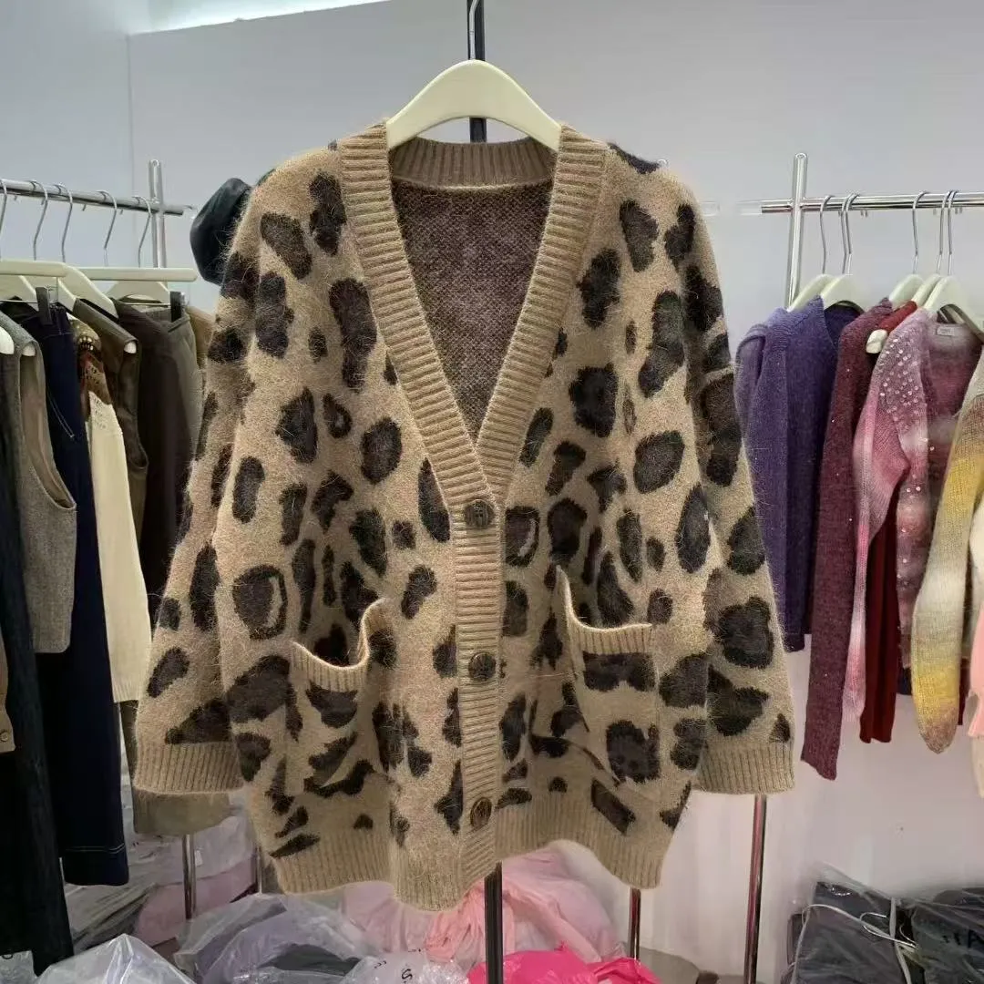 Leopard Print Thick Warm Coat Loose Lazy Knitted Cardigan Sweater sold by Maiden-Art