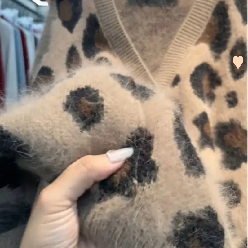 Leopard Print Thick Warm Coat Loose Lazy Knitted Cardigan Sweater sold by Maiden-Art product image thumbnail 3