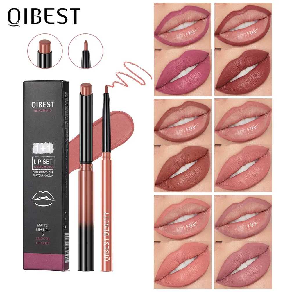 QIBEST 2pcs Lipstick Lipliner Pen Set Matte Velvet Lip Liner Pencil Contour Makeup Sexy Red Lip Stick Long Lasting Cosmetics sold by Maiden-Art